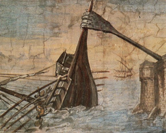 Interpretación artística de la garra de Arquímedes, por Giulio Parigi, entre 1599 y 1600. Fuente: Wikipedia.