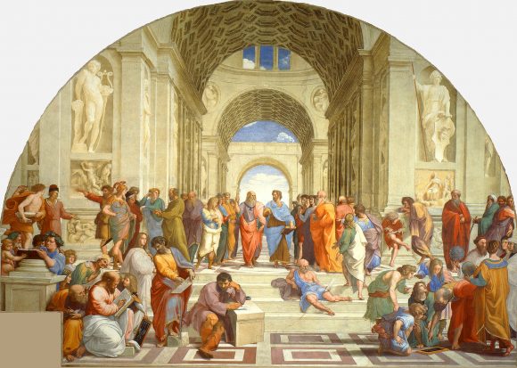 «La escuela de Atenas» (1510-1512), de Rafael Sanzio. Es muy posible que la persona que aparece inclinado con un compás sea Euclides o Arquímedes (parte inferior derecha).