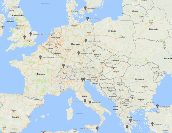 Mapa interactivo en Google Map. Se han puesto marcas en los lugares de las principales ediciones. Fuente propia.