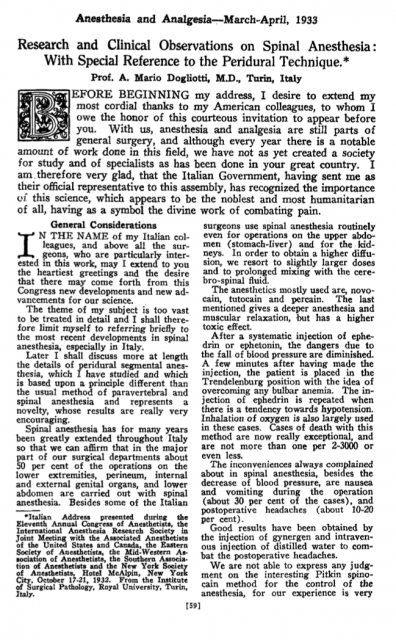 Primera página del artículo de Dogliotti (1933) sobre la anestesia segmentaria, hoy conocida como epidural.