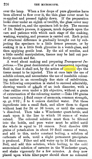 La página donde aparece por primera vez la palabra «ósmosis», en el libro sobre el microscopio de .