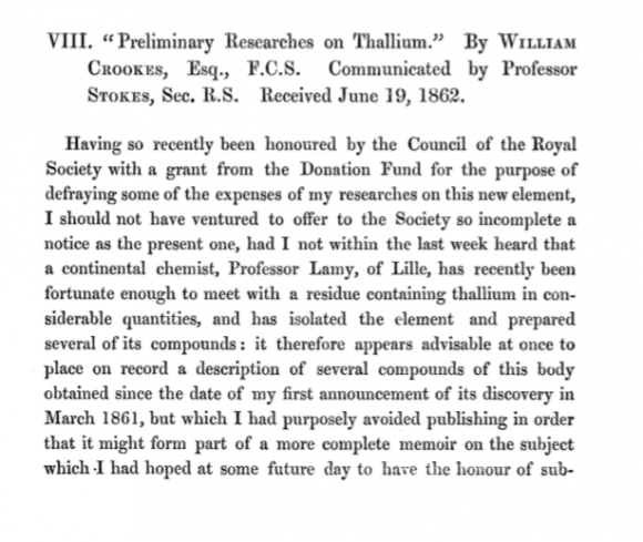 Primera página del artículo (1862) donde Crookes detallaba su investigación sobre el talio, basada en la nueva técnica espectral.