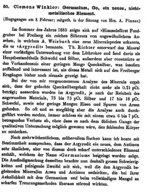 Primera página del artículo donde Winkler anunciaba en 1886 el «Germanio, Ge, un nuevo elemento no .metálico»