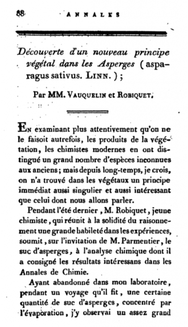Primera página del artículo donde Robiquet anunciaba el descubrimiento de la asparagine. «La découverte d'un nouveau principe végétal dans le suc des asperges», 1806.