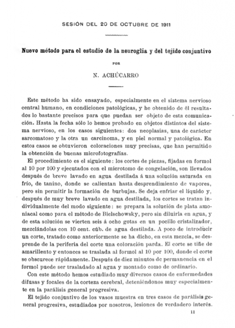 Primera página del breve artículo (solo tres páginas) donde Achúcarro describía su método. 1911.